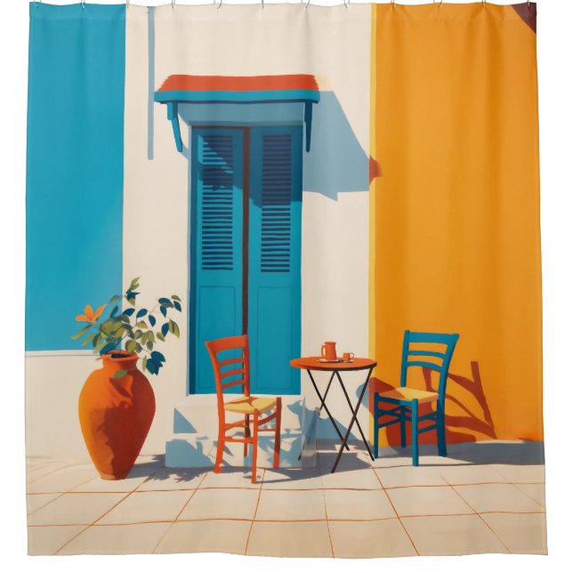 Mediterranean Morning Terrace Bliss Shower Curtain (Front)