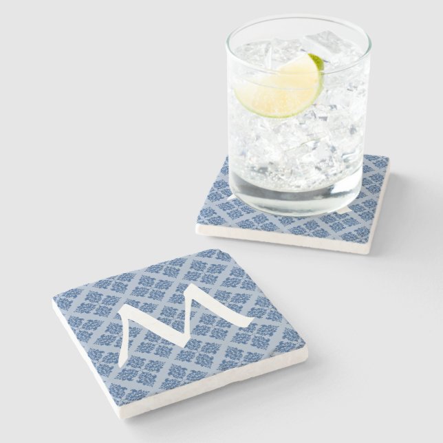 Mediterranean Moroccan Damask with Monogram Stone Coaster (Side)