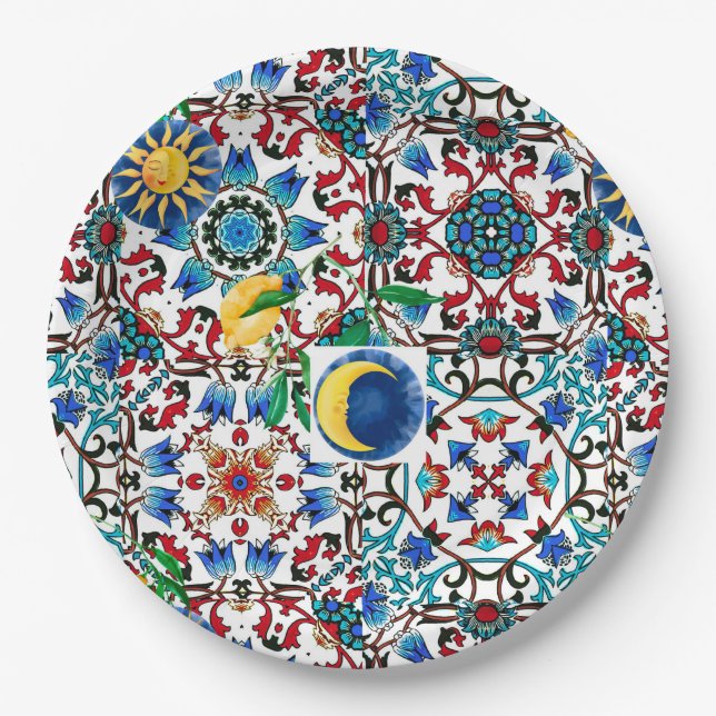 Mediterranean,Moroccan,mosaic,lemon art Paper Plate (Front)