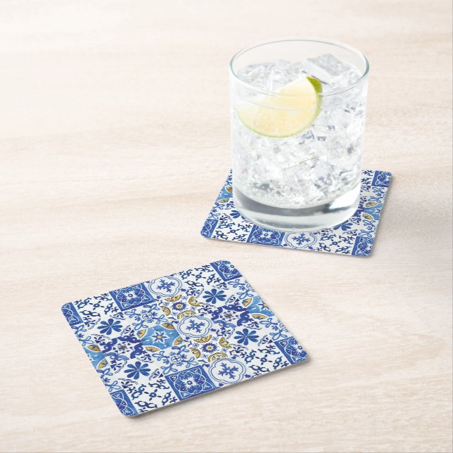 Mediterranean Moroccan Mosaic Tiles Blue Yellow  Square Paper Coaster (Insitu)