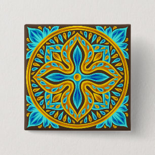 Mediterranean Moroccan Tile Pattern Blue and Gold 15 Cm Square Badge