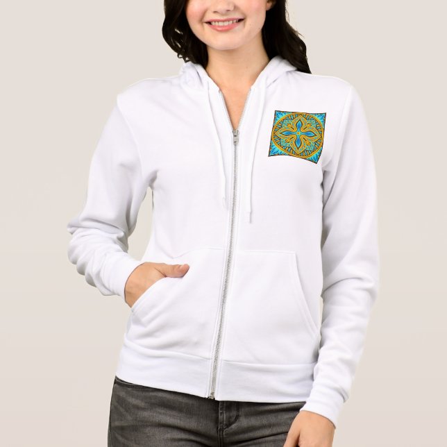 Mediterranean Moroccan Tile Pattern Blue and Gold Hoodie (Front)
