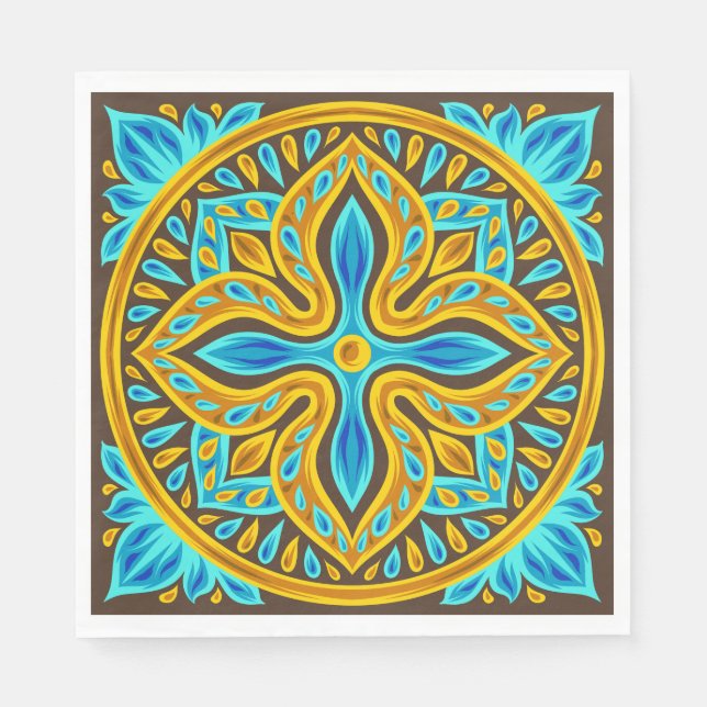 Mediterranean Moroccan Tile Pattern Blue and Gold Napkin (Front)