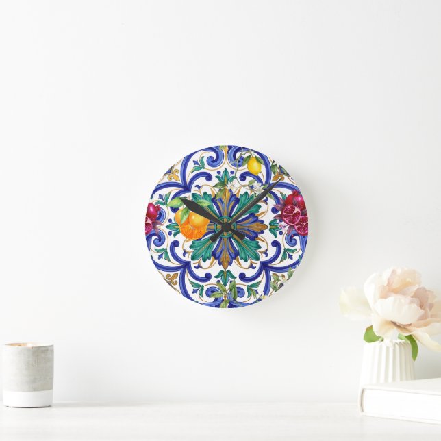 Mediterranean Mosaic lemon fruit  Round Clock (Home)