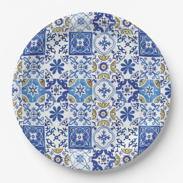 Mediterranean Mosaic Tiles Blue Birthday Party Paper Plate (Front)