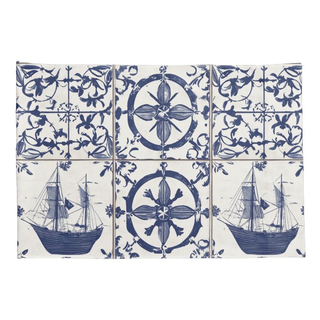 Mediterranean Nautical Tile Pattern Pillowcase (Back-Right)