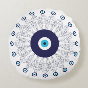 Mediterranean Navy Aqua Blue Lucky Eye Mandala Round Cushion