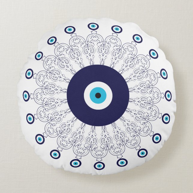Mediterranean Navy Aqua Blue Lucky Eye Mandala Round Cushion (Front)
