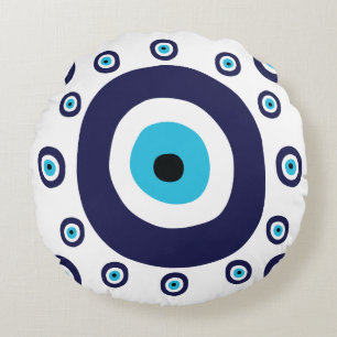 Mediterranean Navy Aqua Blue Nazar Lucky Evil Eye Round Cushion