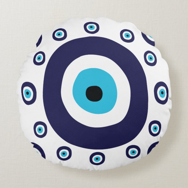 Mediterranean Navy Aqua Blue Nazar Lucky Evil Eye Round Cushion (Front)