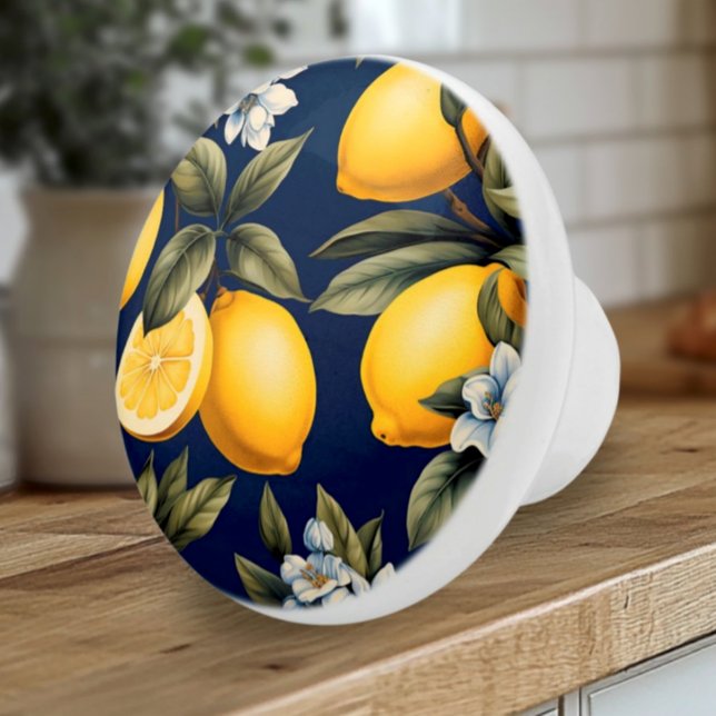 Mediterranean Navy Lemons and Blooms Ceramic Knob (Mediterranean Lemons on Navy Artisan Ceramic Kitchen Knobs)