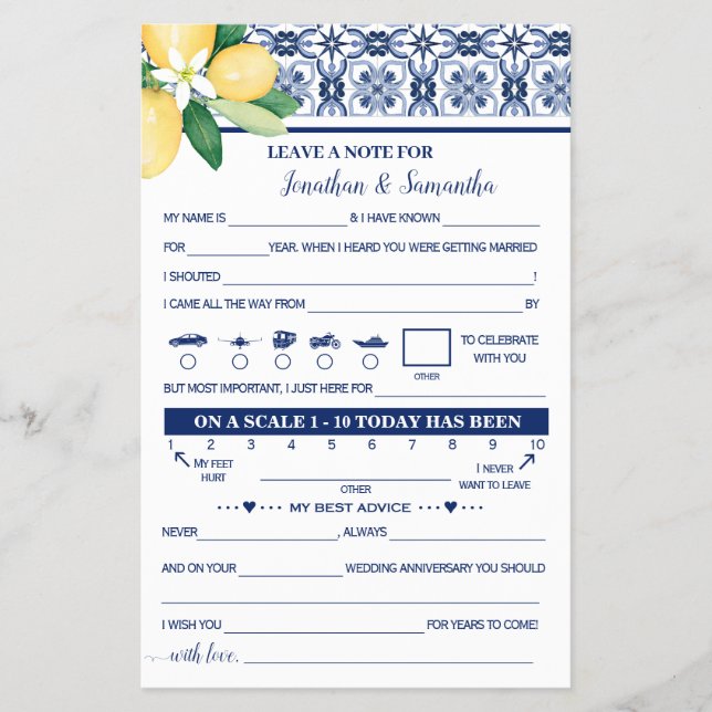 Mediterranean Note for Couple Wedding Game Card (Front)