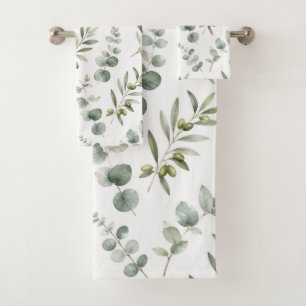 Mediterranean Olive Branch Watercolor Bath Towel Set