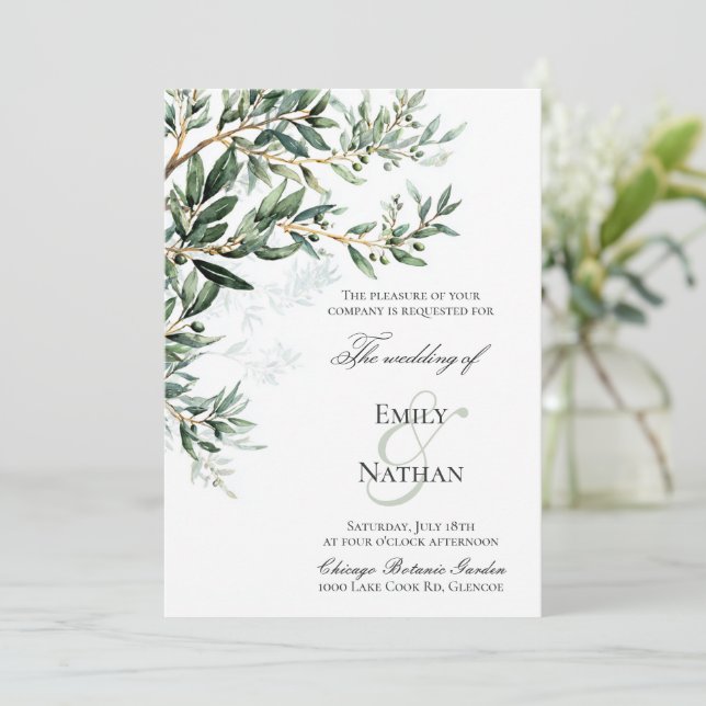 Mediterranean Olive Branch Wedding Invitation (Standing Front)