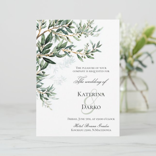 Mediterranean Olive Branch Wedding Invitation (Standing Front)