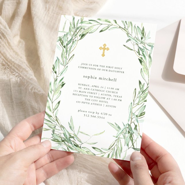 Mediterranean Olive Branches First Holy Communion Invitation (Creator Uploaded)