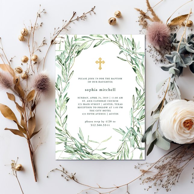 Mediterranean Olive Branches | Watercolor Baptism Invitation (Creator Uploaded)