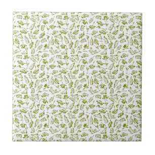 Mediterranean Olive Oil Bottle Olive Leaf Pattern Tile