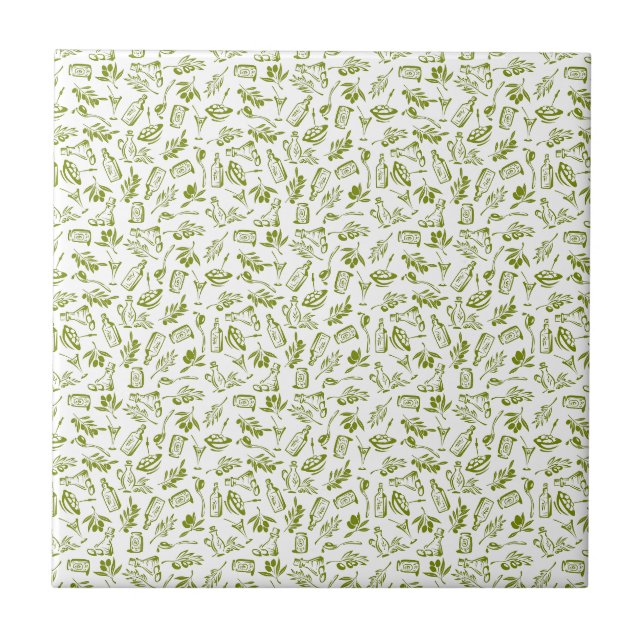 Mediterranean Olive Oil Bottle Olive Leaf Pattern Tile (Front)