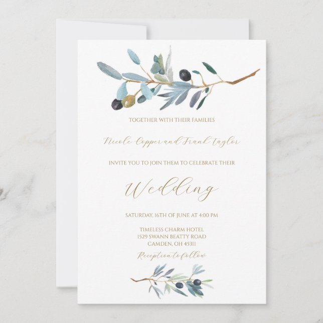 Mediterranean Olive wedding invitation  (Front)