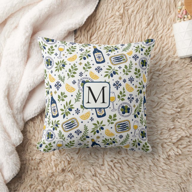 Mediterranean Olive Wine Lemon Pattern Monogram Cushion (Blanket)