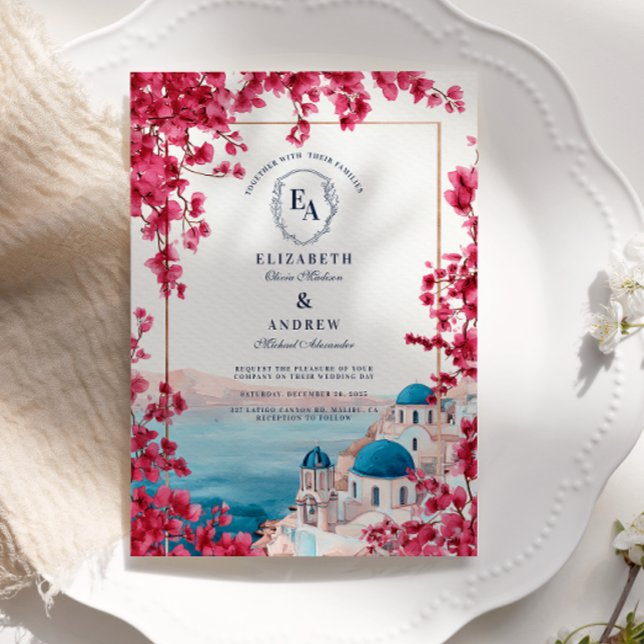 Mediterranean Pink Blossom Coastal Wedding Invitation (Creator Uploaded)