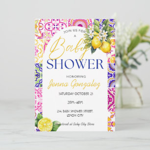 Mediterranean Pink Lemon Italian Tiles Baby Shower Invitation