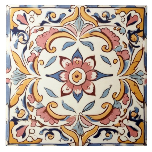 Mediterranean Pink Yellow Blue Flower Floral Tile (Front)