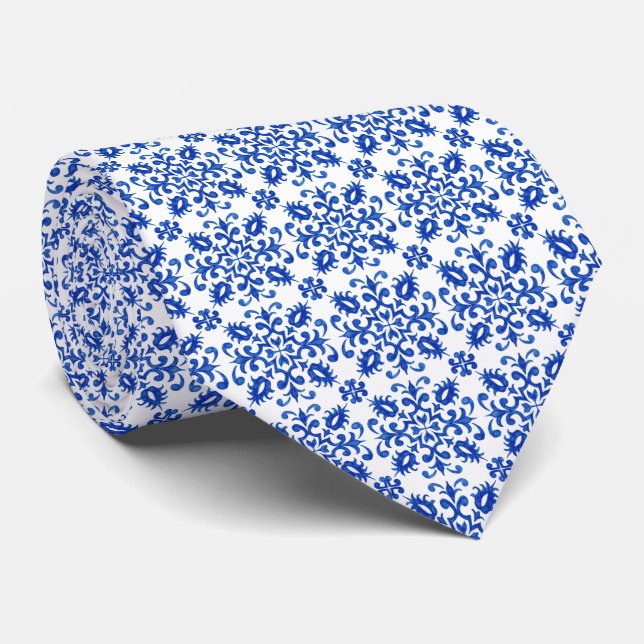 Mediterranean Portuguese Blue Tile Detail Tie (Rolled)