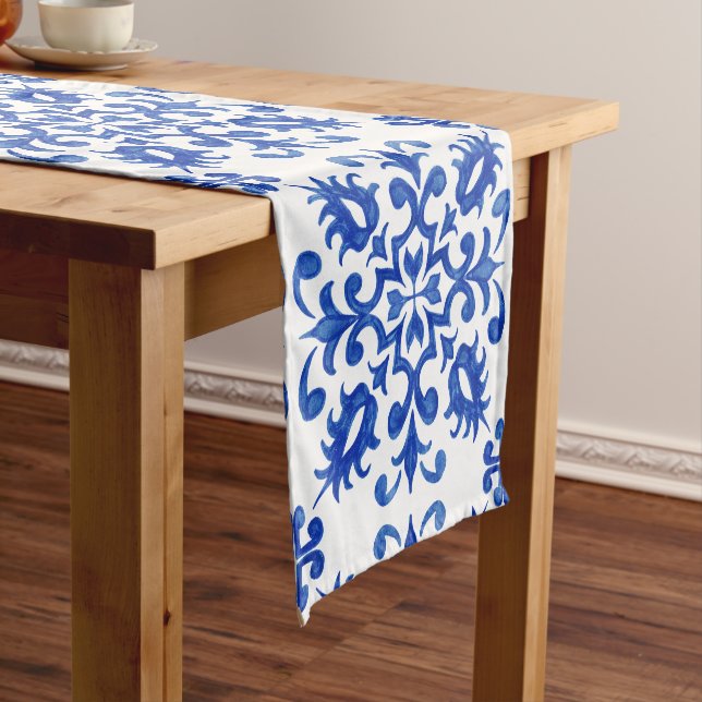 Mediterranean Portuguese Blue Tile Short Table Runner (In Situ)