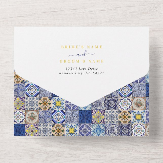 Mediterranean Portuguese Tiles Pattern Wedding All In One Invitation (Back)