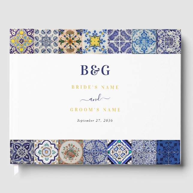 Mediterranean Portuguese Tiles Pattern Wedding Guest Book (Front)