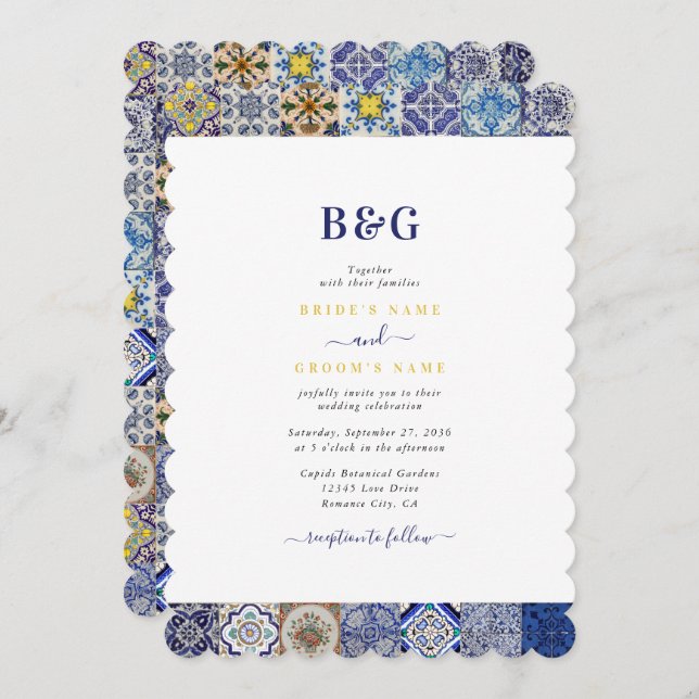 Mediterranean Portuguese Tiles Pattern Wedding Invitation (Front/Back)