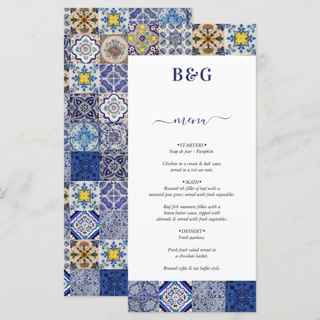 Mediterranean Portuguese Tiles Pattern Wedding Menu (Front/Back)