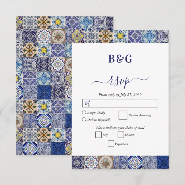 Mediterranean Portuguese Tiles Pattern Wedding RSVP Card (Front/Back)