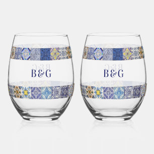 Mediterranean Portuguese Tiles Pattern Wedding Stemless Wine Glass