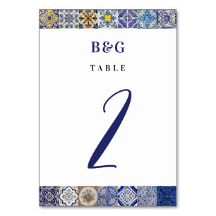 Mediterranean Portuguese Tiles Pattern Wedding Table Number