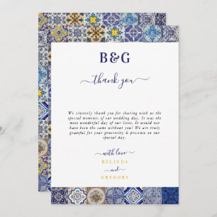 Mediterranean Portuguese Tiles Pattern Wedding Thank You Card