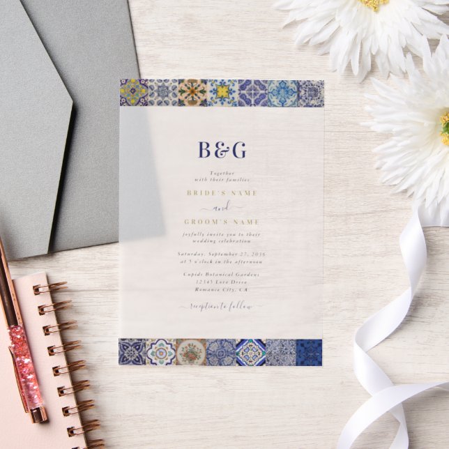 Mediterranean Portuguese Tiles Pattern Wedding Vellum Invitations (Wedding)