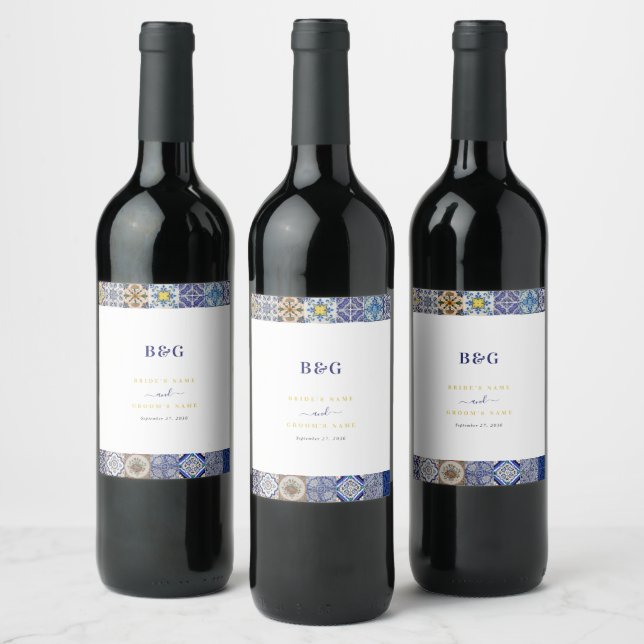 Mediterranean Portuguese Tiles Pattern Wedding Wine Label (Bottles)