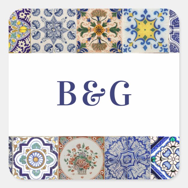 Mediterranean Portuguese Tiles Wedding Favour Square Sticker (Front)