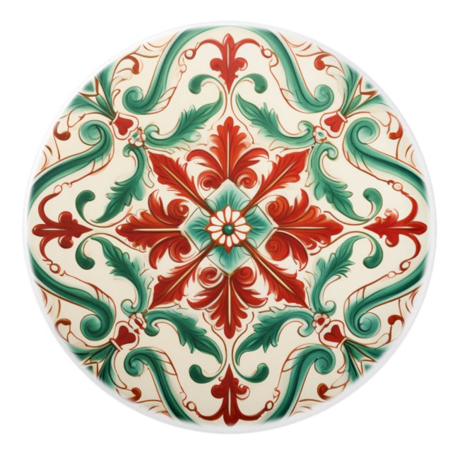 Mediterranean Red Blossom Ceramic Knob (Front)