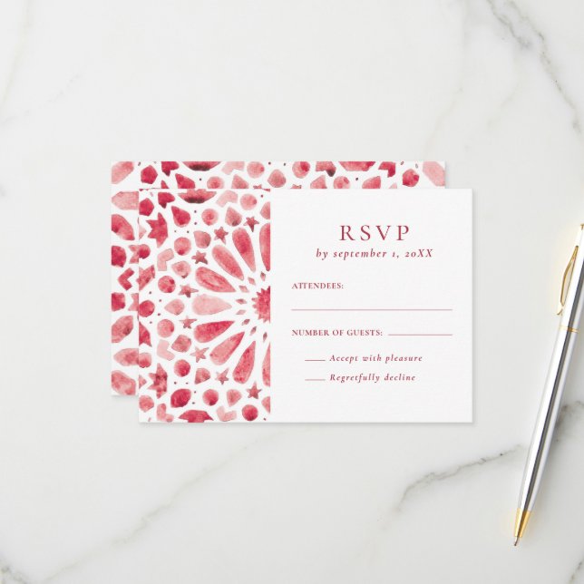 Mediterranean Red Moroccan Tile Wedding RSVP Card (Front/Back In Situ)