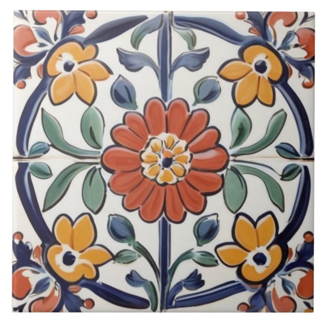 Mediterranean Red Yellow & Navy Blue Flower Floral Tile (Front)