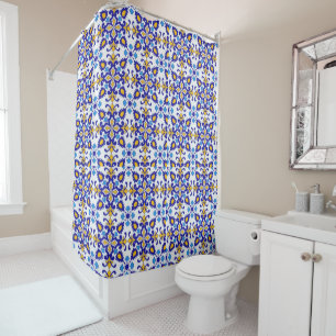 Mediterranean Royal Mosaic Blue and Gold Ceramic Shower Curtain