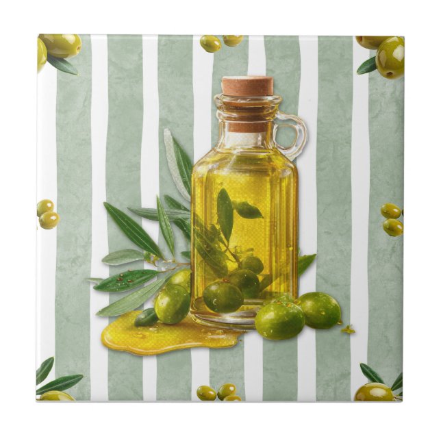 Mediterranean Sage Green Stripe Pattern Olive Oil Tile (Front)