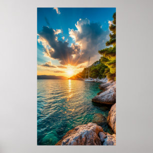 ⛵ Mediterranean Sailboat Sunset Glow 🌅🌊✨ Poster