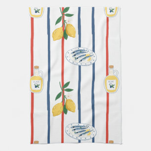 Mediterranean Sardines and Lemons Pattern Tea Towel