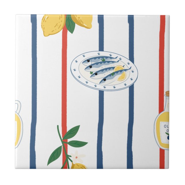 Mediterranean Sardines and Lemons Pattern Tile (Front)