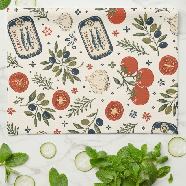 Mediterranean, Sardines Tomatoes & Garlic  Tea Towel (Folded)